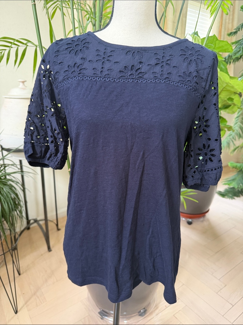 Talbots Navy Eyelet Yoke & Sleeve Blouse 100% cotton